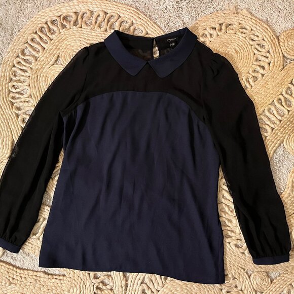 Ann Taylor Collared Blouse Navy Blue & Black - Picture 1 of 3